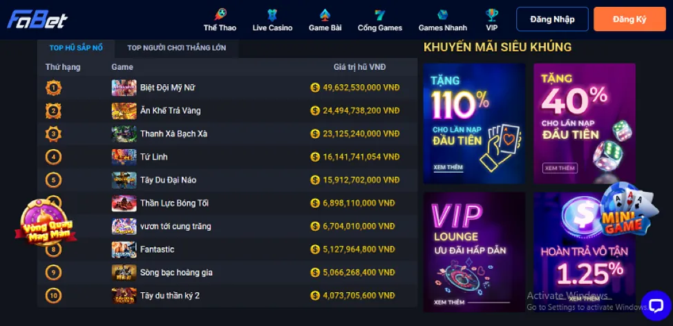 Đa dạng trò chơi tại Win96